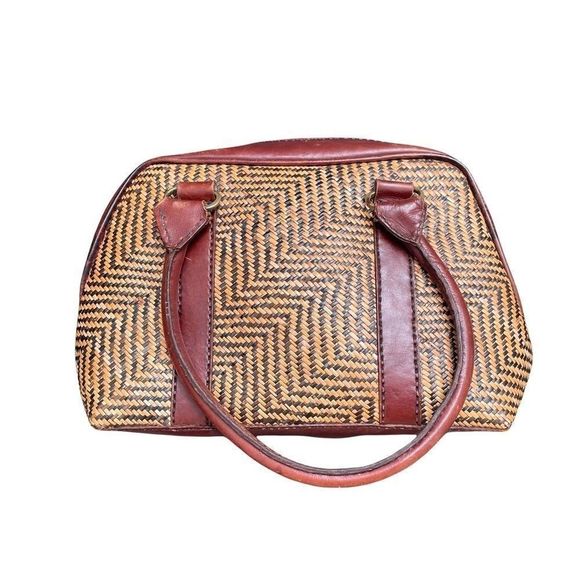 Vintage Leather Woven Wicker Brown Tan Purse Satchel Handbag - Picture 2 of 9